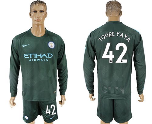 Manchester City #42 Toure Yaya Sec Away Long Sleeves Soccer Club Jersey - Click Image to Close